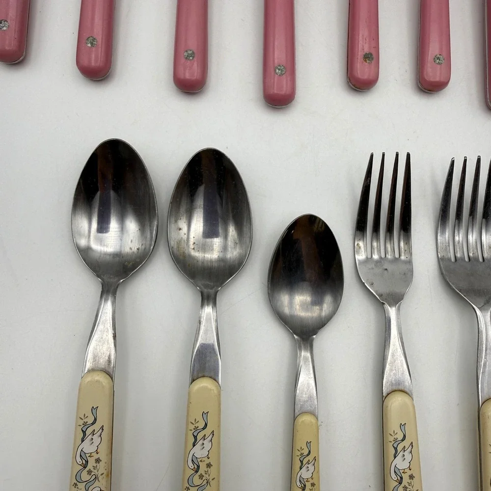 Interpur Flatware Set Mixed Pink Marmalade Goose Pattern Vintage Stainless Steel
